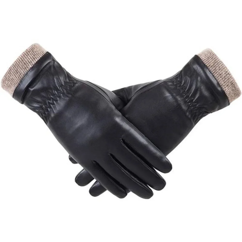 Black Leather Knit Winter Gloves‎ Wool Fleece Lined Warm Touchscreen Gloves